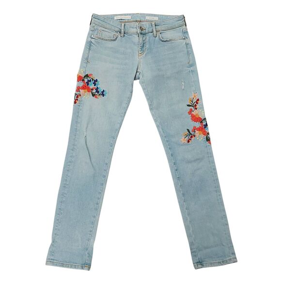 Anthropologie Pilcro Jeans Womens 25 Blue Floral Embroidered Straight Slim Fit - Picture 1 of 12